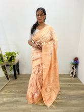 Modal Chanderi Golden Zari Floral Printed Soft Peach Saree